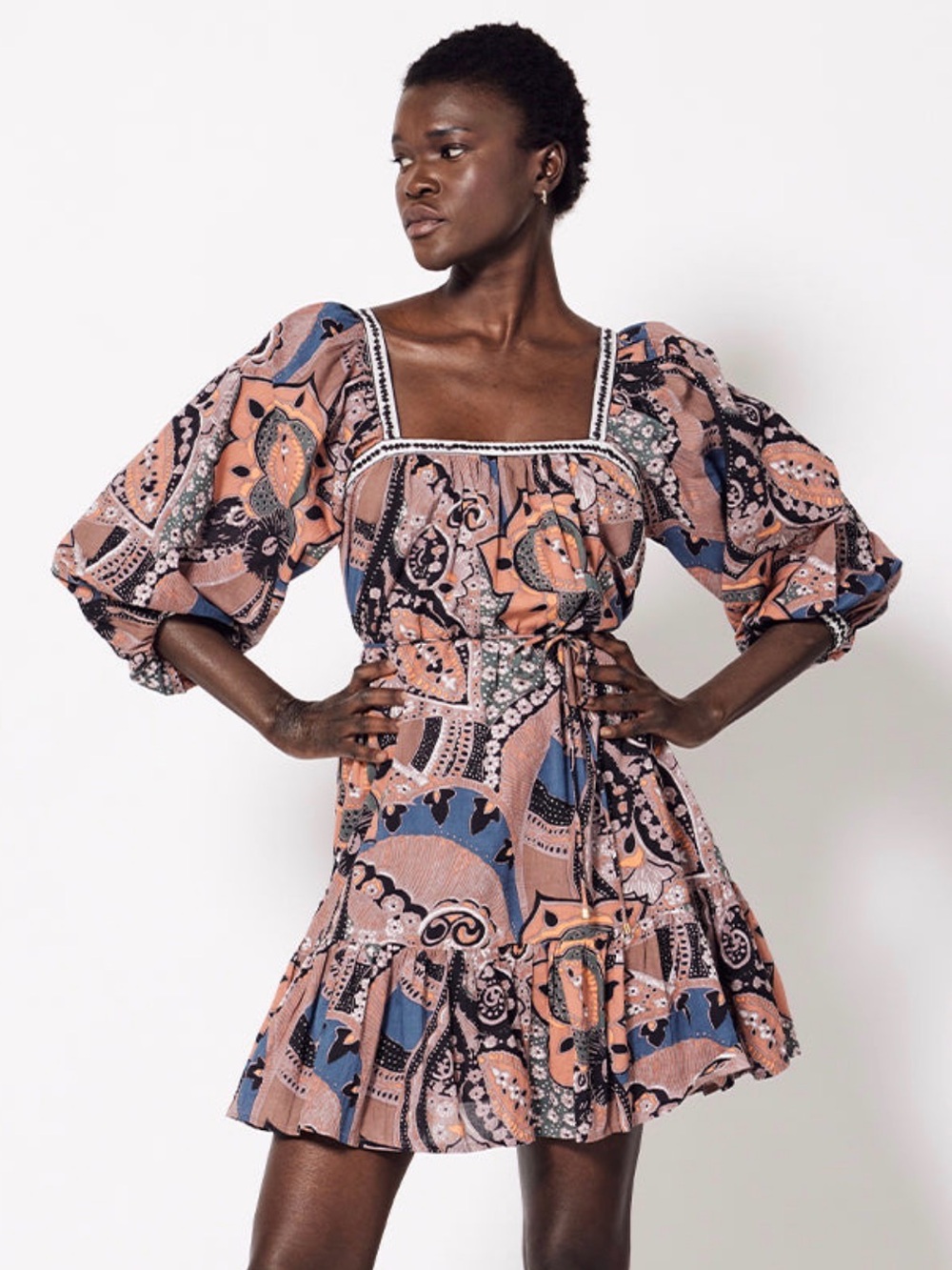 Cleobella Puff-Sleeve Square-Neck Mini Dress in Blush Blue Multi